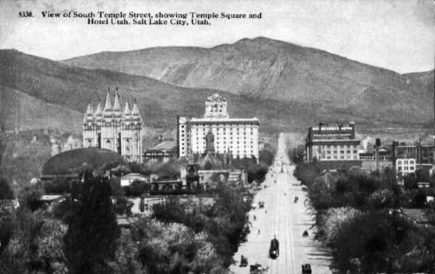 Madame Guérin’s Hotel Utah, centre; Assembly Hall, in front of Hotel Utah; Mormon Temple, left of Hotel Utah; Mormon Tabernacle in front of Mormon Temple. Courtesy of Heather Anne Johnson.
