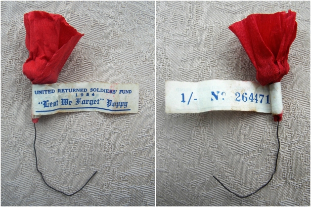 A surviving Australian 1954 'United Returned Soldiers' Fund' "Lest We Forget" Poppy. It is made from crepe paper and is yet another example of Madame Guérin’s ever-lasting 'Inter-Allied Poppy Day' idea. Courtesy/© of Heather Anne Johnson.