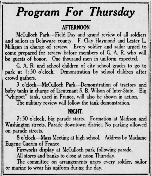 Muncie Evening Press (Muncie, Indiana) Page 1, 30 April 1919.