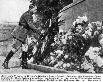 American General Pershing laying a wreath at London’s Cenotaph on 17 October 1921. (‘The Children’s Newspaper’, c21 October 1921). Courtesy of Heather A. Johnson.