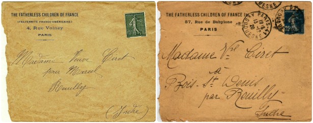 Fatherless Children of France envelopes - sent to Widow Ciret, for her son Marcel. They are living on wasteland at the St. Denis wood, by Reuilly (Indre Department). 
