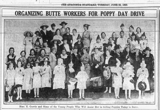 Poppy Lady Madame Guérin, with women and girls of Butte, Montana. Butte ‘Poppy Day’ : ‘The Anaconda Standard’, 22 June 1920. 