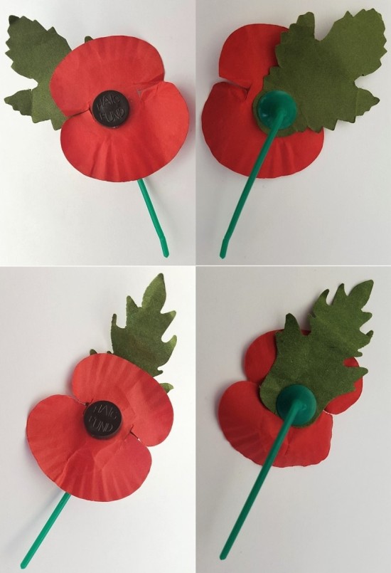 Two “Haig Fund” paper Remembrance Poppies, with leaves. c1987-1993. Poppies kindly donated to Andy Chaloner© by Daf Claringbold.