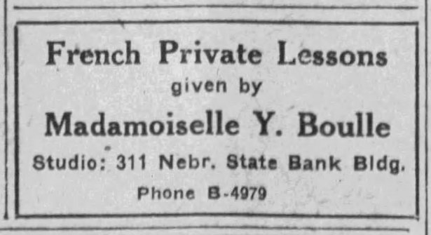 Mlle. Boulle, French Private Lessons advertisement. 15 September 1918, The Nebraska State Journal.